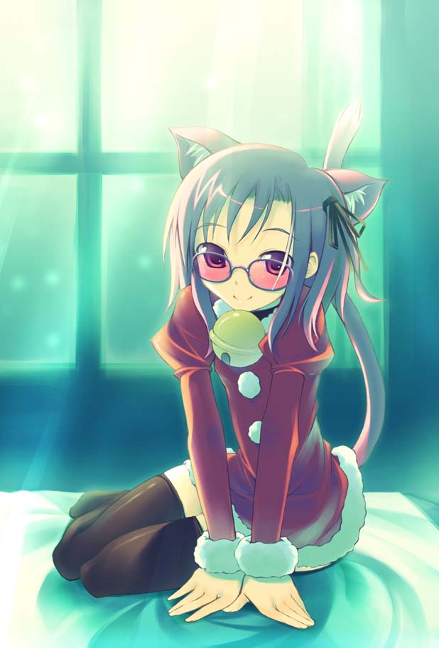inato serere, original, 1girl, animal ears, arm support, bed, bell, cat ears, cat tail, christmas, female focus, hair ribbon, jingle bell, looking at viewer, pink-tinted eyewear, ribbon, sitting, smile, solo, sunglasses, tail, thighhighs, tinted eyewear, window, yokozuwari