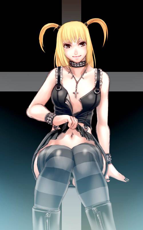 amane misa, death note, 00s, 1girl, blonde hair, boots, bracelet, brown eyes, choker, clothes lift, collar, cuffs, female focus, gothic lolita, jewelry, lolita fashion, looking at viewer, navel, navel piercing, necklace, open clothes, open shirt, panties, pantyshot, piercing, rosary, shirt, sitting, skirt, skirt lift, smile, solo, thighhighs, underwear