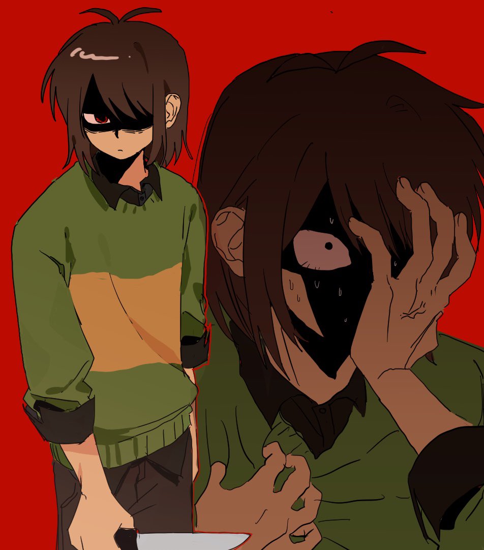 shiki ii, kris (deltarune), deltarune, utdr (toby fox), 1other, antenna hair, brown hair, brown pants, cowboy shot, green sweater, hand on own face, holding, holding knife, knife, looking at viewer, multiple views, one eye covered, other focus, pants, red background, red eyes, shaded face, simple background, sweat, sweater