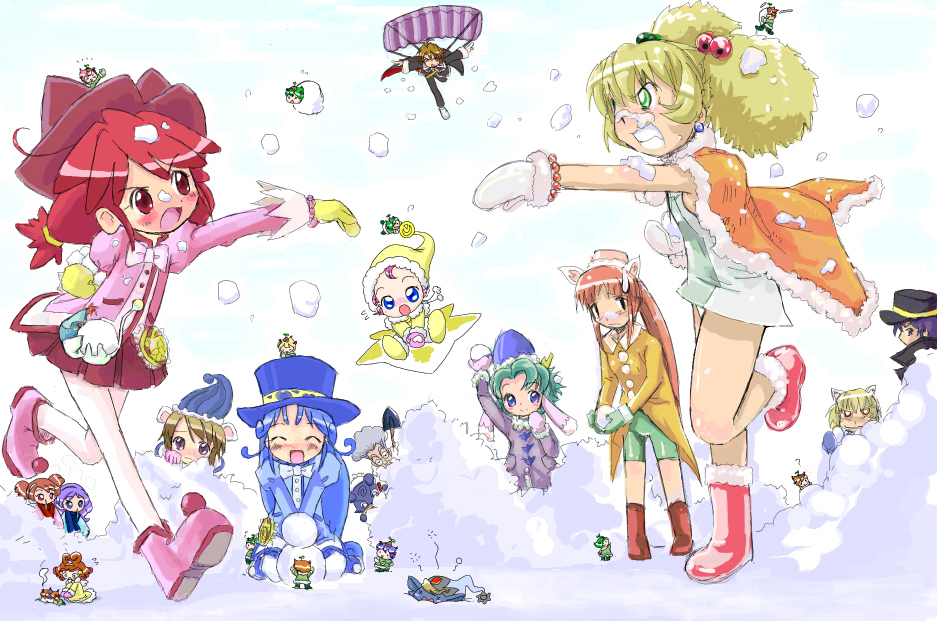 camelot, chaba (chabanyu), altessa, bright (futagohime), camelot (futagohime), chaba, fine (futagohime), leonne, lulu (futagohime), milky (futagohime), miruro, rein (futagohime), shade (futagohime), sophie (futagohime), the eleven seed princesses, tio (futagohime), fushigiboshi no futago hime, fur, character request, 00s, 3boys, 6+girls, ?, aada (fushigiboshi no futago hime), ahoge, angry, animal ears, baby, blonde hair, blue eyes, blue hair, blush, boots, bow, bowtie, brown hair, cape, clenched teeth, closed eyes, coat, dress, earrings, everyone, flat chest, flying, frown, gloves, green eyes, green hair, hair bobbles, hair ornament, hat, iida (fushigiboshi no futago hime), jewelry, leg lift, long hair, mini person, miniboy, minigirl, mittens, multiple boys, multiple girls, open mouth, orange hair, outdoors, panties, pantyhose, pantyshot, parachute, peeking, pink hair, ponytail, purple eyes, purple hair, red eyes, red hair, seed princesses, shovel, skirt, smile, snow, snowball, snowball fight, snowman, star (symbol), teeth, top hat, twintails, underwear, white panties, white pantyhose, worktool