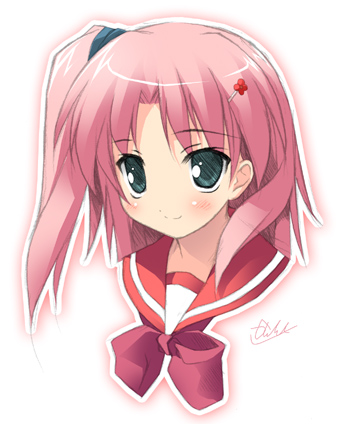 kantoku, maaryan (to heart), to heart (series), to heart 2, lowres, 00s, 1girl, blush, bow, cropped torso, female focus, grey eyes, hair ornament, hairclip, outline, pink bow, pink hair, sailor collar, side ponytail, signature, smile, solo, white outline