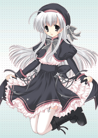hasekura chiaki, original, boots, dress, frills, hat, long hair, solo, thighhighs, white hair, white thighhighs