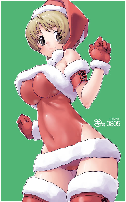 kei jiei, original, 1girl, blonde hair, bodypaint, breasts, brown eyes, brown hair, christmas, covered erect nipples, covered navel, dated, false clothes, female focus, fur trim, gloves, green background, hat, highleg, highleg leotard, huge breasts, impossible clothes, leotard, looking at viewer, navel, painted clothes, pussy, pussy juice, red gloves, red leotard, red thighhighs, santa costume, santa hat, short hair, simple background, solo, thighhighs, underboob