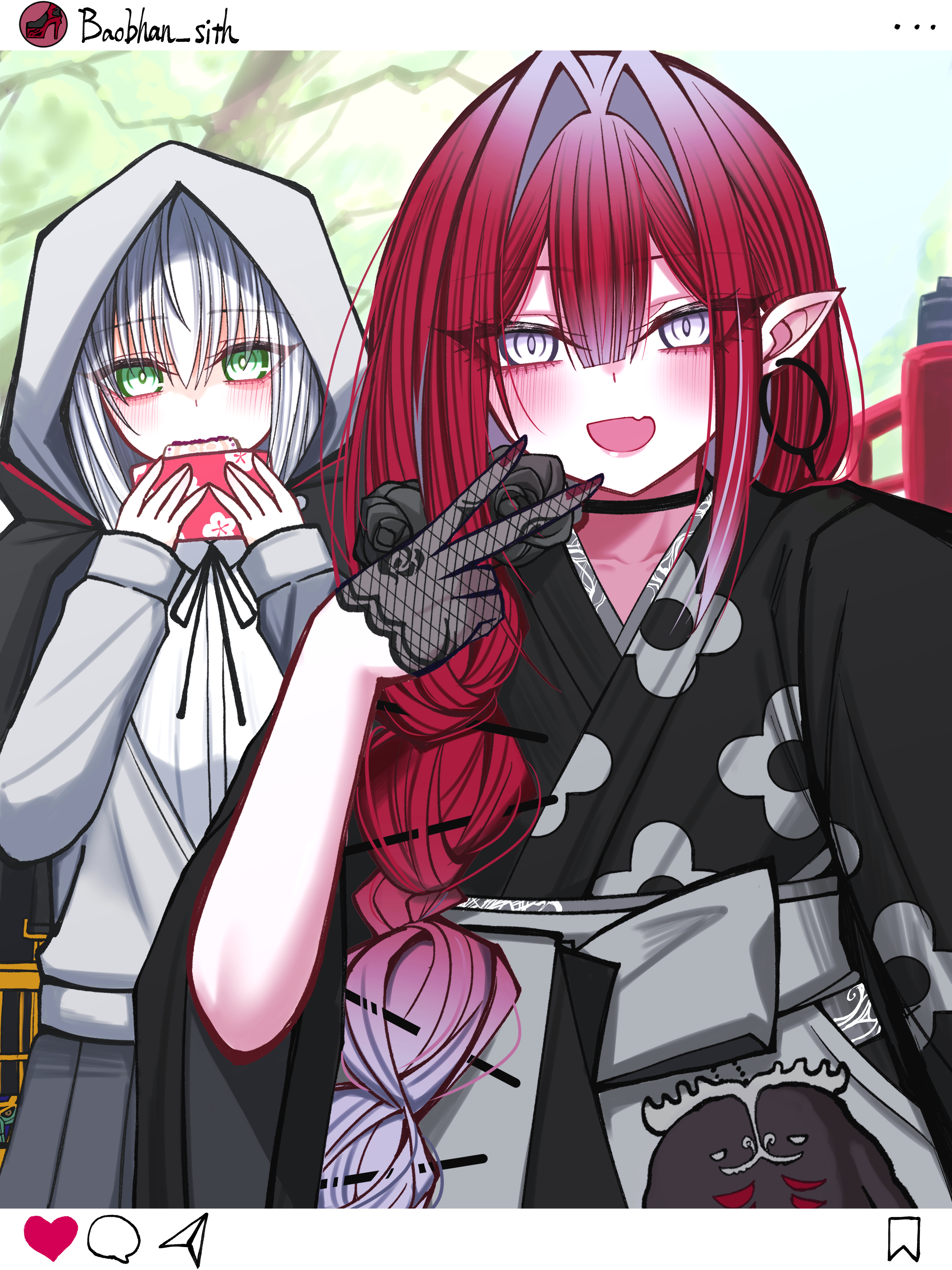 mcpc zamurai, add (fate), baobhan sith (fate), cernunnos (fate), gray (fate), fate/grand order, fate (series), absurdres, highres, 2girls, baobhan sith (over the same sky) (fate), birdcage, black kimono, blush, breasts, cage, cube, earrings, eating, floral print, food, gray (over the same sky) (fate), green eyes, grey eyes, grey hair, grey hakama, grey sweater, hakama, hakama skirt, hood, hooded sweater, japanese clothes, jewelry, kimono, long hair, long sleeves, looking at viewer, medium breasts, multiple girls, obi, open mouth, pink hair, pointy ears, sash, sidelocks, skirt, small breasts, smile, solo, stuffed toy, sweater, wide sleeves