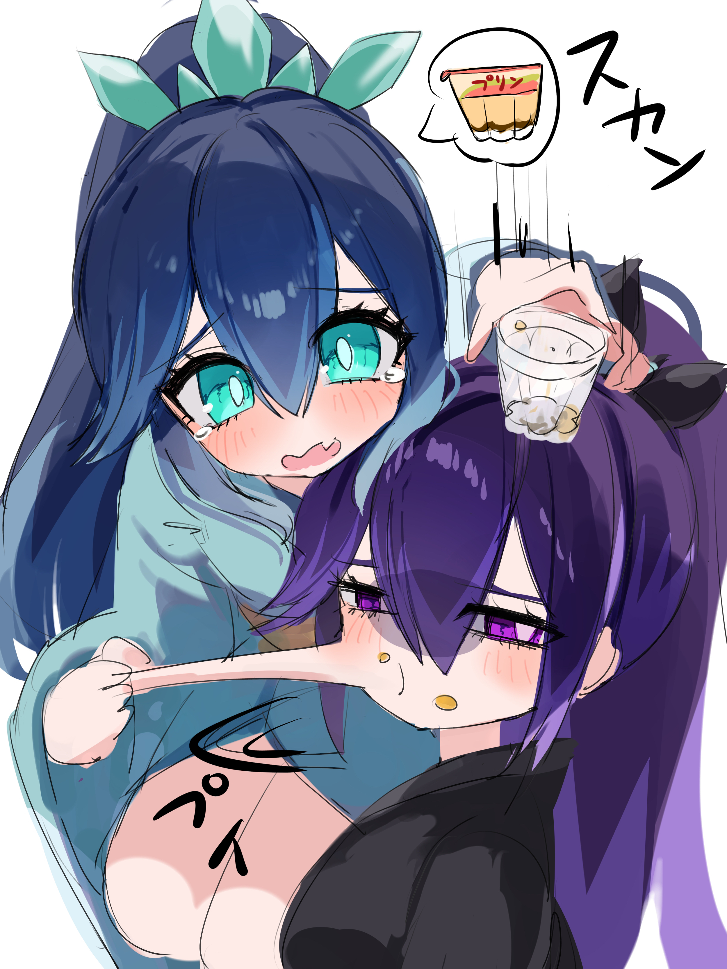fubukihime, hyakkihime, youkai watch, absurdres, commentary request, highres, 2girls, aqua eyes, black kimono, blue hair, blue kimono, blush, cheek pull, closed mouth, colored tips, crumbs, crying, crying with eyes open, diamond star12, expressionless, eyes visible through hair, fang, food, food packaging, grey hair, hair between eyes, hair ornament, hand up, high ponytail, holding, image in speech bubble, japanese clothes, kimono, long sleeves, multicolored hair, multiple girls, obi, open mouth, ponytail, pudding, purple eyes, purple hair, sash, simple background, skin fang, tears, two-tone hair, upper body, wavy mouth, white background, yellow sash, youkai (youkai watch), yuki onna