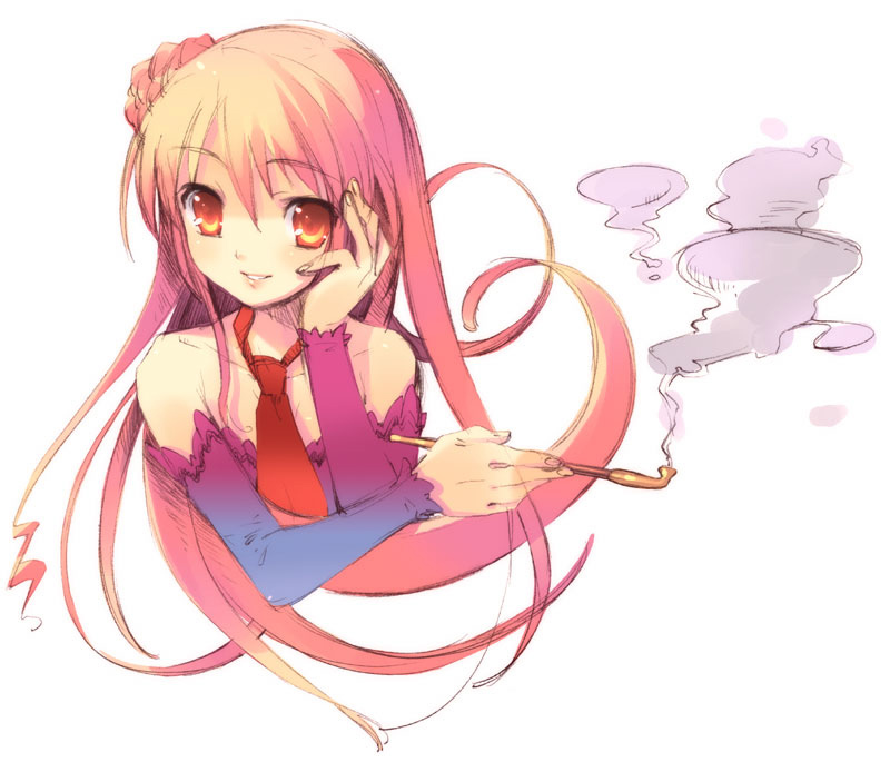 ito noizi, original, 1girl, female focus, holding, holding smoking pipe, kiseru, necktie, orange eyes, pink hair, red necktie, smoking, smoking pipe, solo