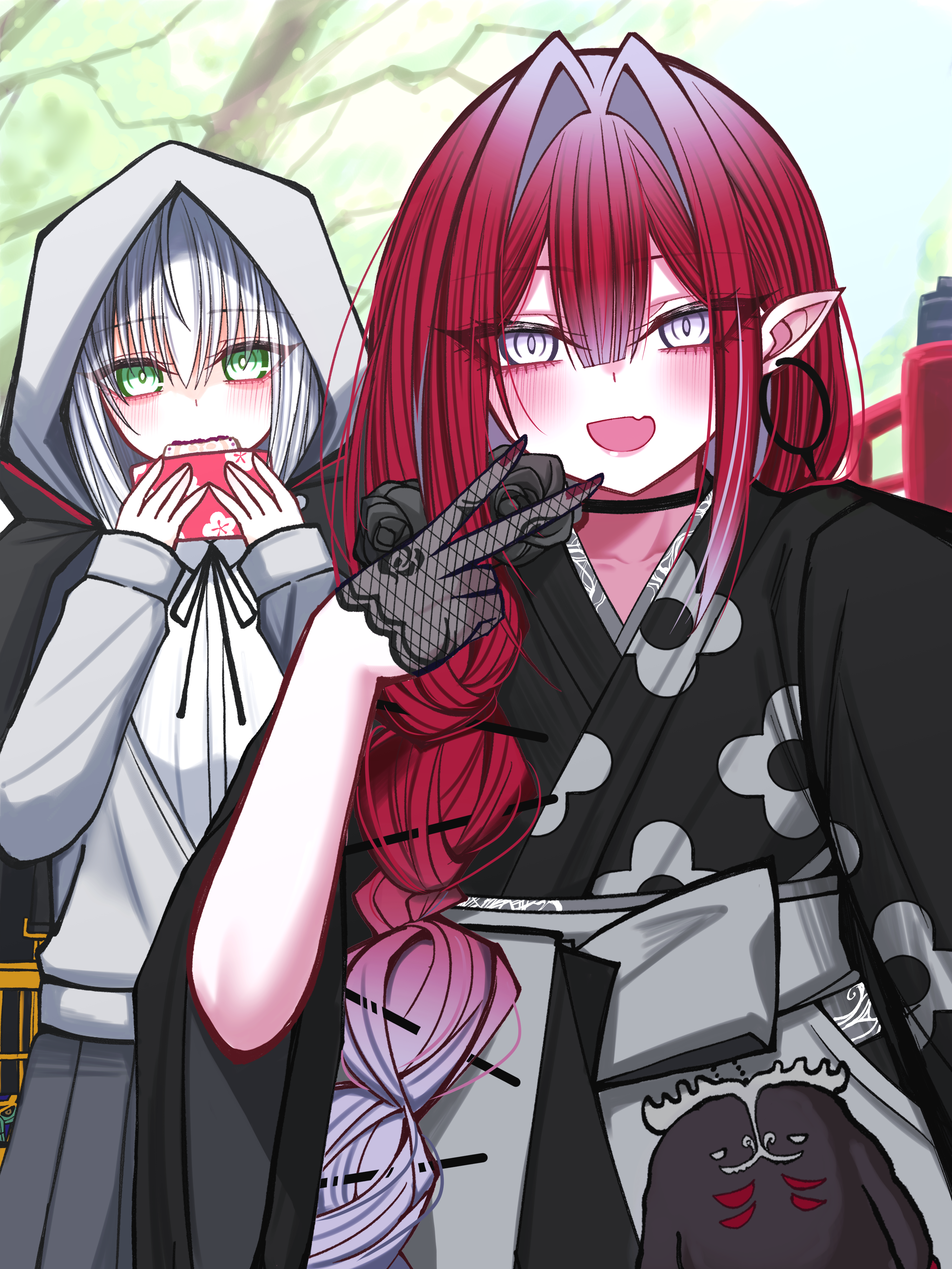 mcpc zamurai, add (fate), baobhan sith (fate), cernunnos (fate), gray (fate), fate/grand order, fate (series), absurdres, highres, 2girls, baobhan sith (over the same sky) (fate), birdcage, black kimono, blush, breasts, cage, cube, earrings, eating, floral print, food, gray (over the same sky) (fate), green eyes, grey eyes, grey hair, grey hakama, grey sweater, hakama, hakama skirt, hood, hooded sweater, japanese clothes, jewelry, kimono, long hair, long sleeves, looking at viewer, medium breasts, multiple girls, obi, open mouth, pink hair, pointy ears, sash, sidelocks, skirt, small breasts, smile, solo, stuffed toy, sweater, wide sleeves