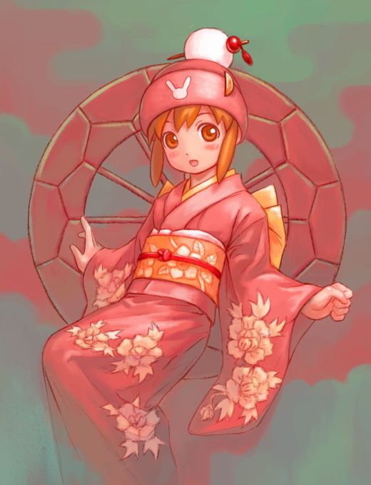 denjuu, kurokawa usagi, capcom, gotcha force, 1girl, brown eyes, brown hair, female focus, floral print, hat, japanese clothes, kimono, short hair, sitting, solo