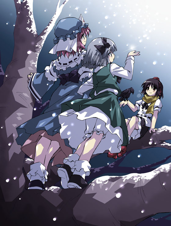 petenshi (dr. vermilion), konpaku youmu, saigyouji yuyuko, shameimaru aya, touhou, red footwear, 3girls, bare tree, bird, black ribbon, bloomers, blue dress, blue hat, blue ribbon, bob cut, crow, dress, female focus, frilled shirt collar, frills, geta, green skirt, green vest, hair ribbon, hat, in tree, long sleeves, mob cap, multiple girls, obi, pink hair, puffy short sleeves, puffy sleeves, ribbon, ribbon-trimmed collar, ribbon trim, sash, scarf, shirt, shoes, short hair, short sleeves, sitting, sitting in tree, skirt, skirt set, sleeves past wrists, snow, snowing, socks, tokin hat, tree, triangular headpiece, underwear, vest, white bloomers, white shirt, white skirt, wide sleeves