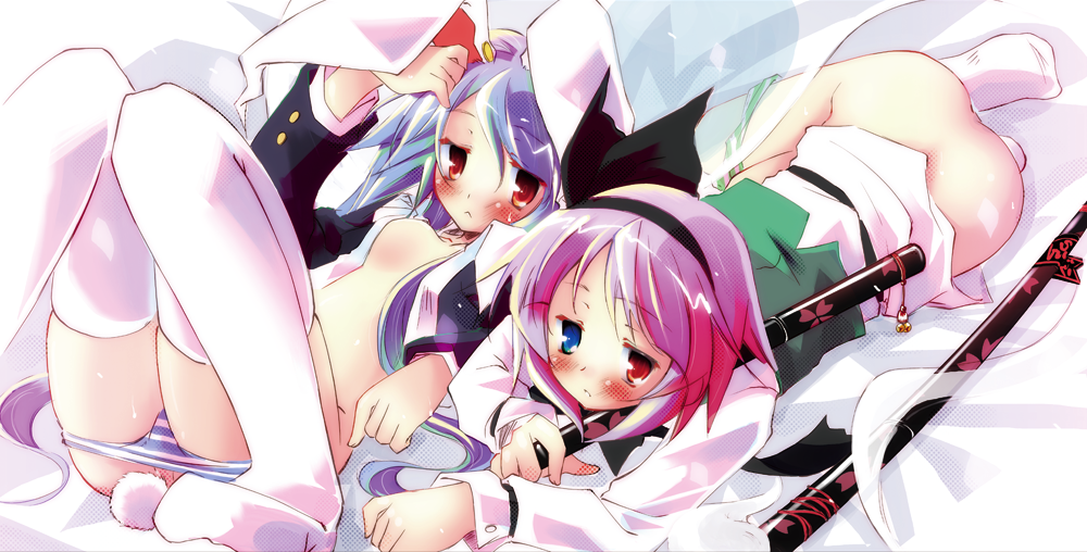 kamiya yuu, pixel phantom, konpaku youmu, konpaku youmu (ghost), reisen udongein inaba, touhou, 2girls, animal ears, ass, blazer, blue hair, blue panties, blush, bottomless, dress shirt, female focus, hairband, heterochromia, jacket, lying, multiple girls, no panties, no pants, on back, on stomach, open clothes, open shirt, panties, panty pull, pink hair, rabbit ears, rabbit girl, rabbit tail, red eyes, shirt, socks, striped clothes, striped panties, tail, thighhighs, underwear, vest, white thighhighs