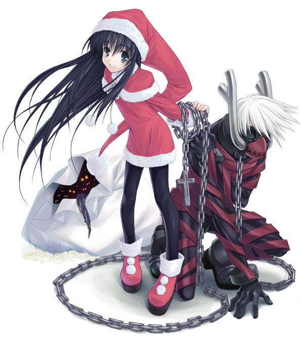 hagure keg, original, 1boy, 1girl, antlers, bdsm, black hair, blue eyes, chain, christmas, cross, femdom, full body, horns, latin cross, loli, long hair, mask, monster, pantyhose, sack, santa costume, short hair, simple background, white hair