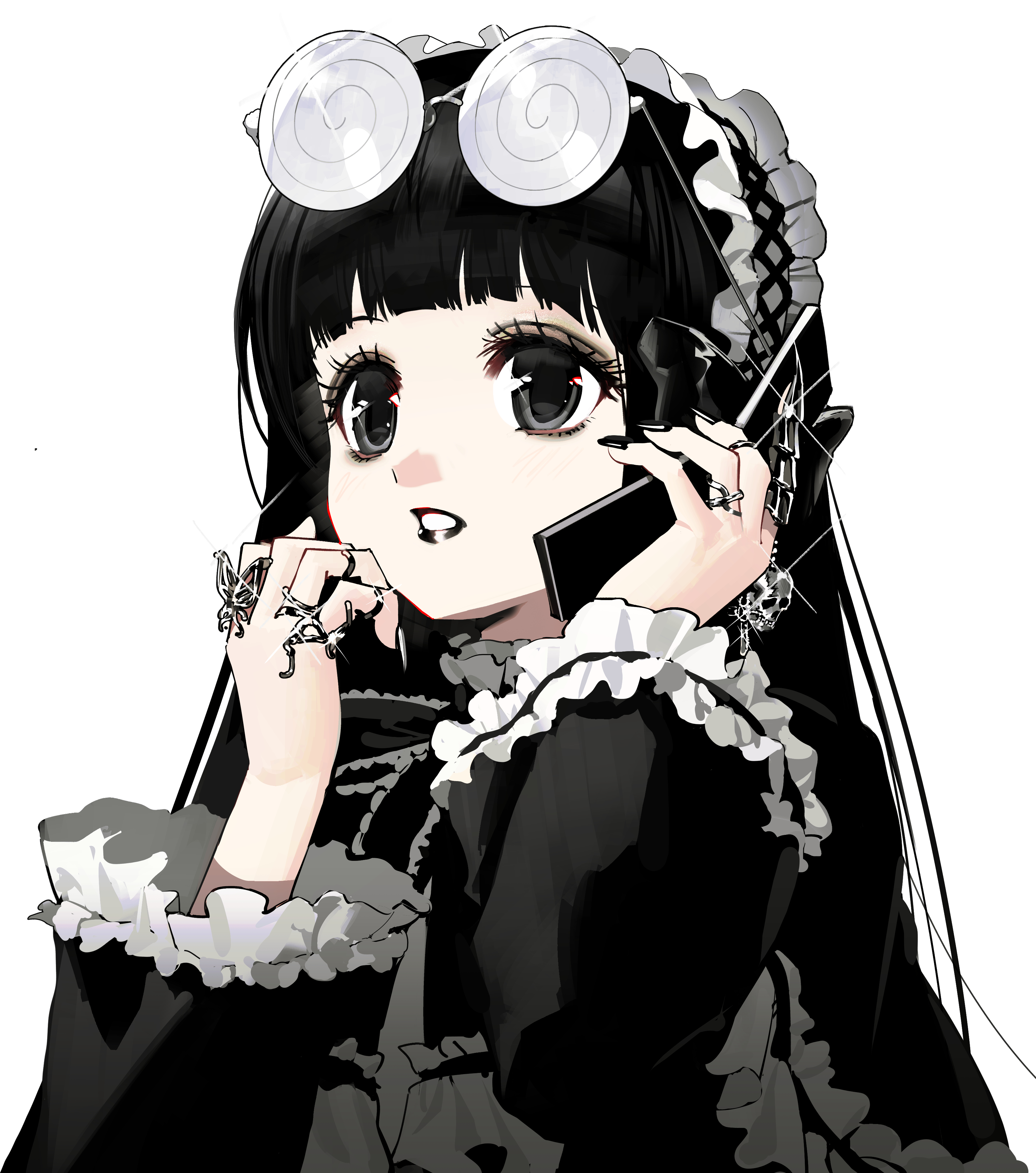 paldu, absurdres, copyright request, highres, 1girl, black eyeshadow, black hair, black lips, black nails, coke-bottle glasses, eyeshadow, glasses, goth fashion, gothic lolita, holding, jewelry, lipstick, lolita fashion, long hair, makeup, pale skin, simple background, solo