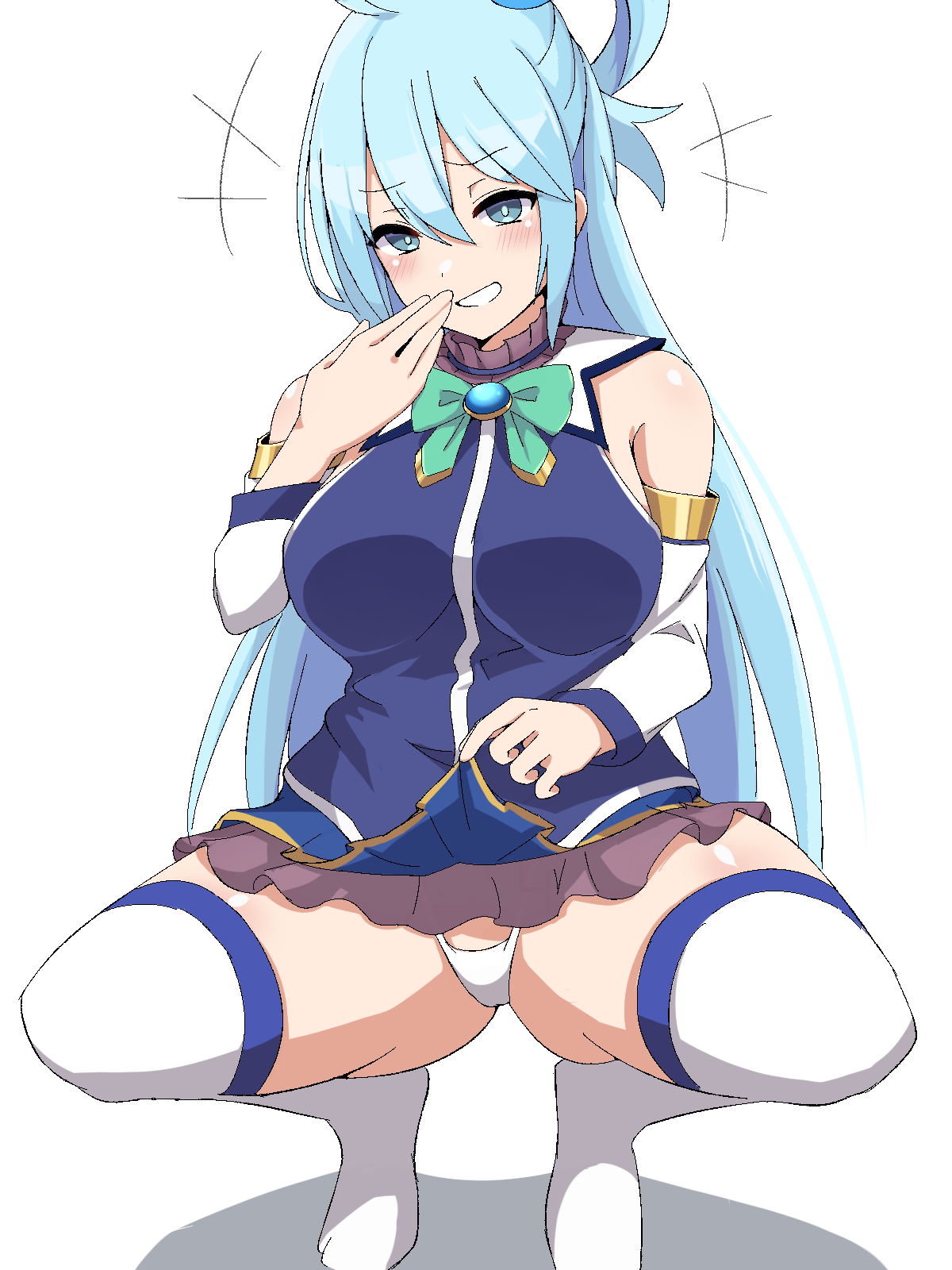 hatenamaru, aqua (konosuba), kono subarashii sekai ni shukufuku wo!, 1girl, bare shoulders, between legs, blue collar, blue eyes, blue hair, blue shirt, blue skirt, blue sleeves, blue thighhighs, bow, bowtie, breasts, clothes lift, collar, detached collar, detached sleeves, dot nose, female focus, full body, green bow, green bowtie, grin, hand between legs, hand up, large breasts, laughing, lifting own clothes, long hair, looking at viewer, matching hair/eyes, panties, shirt, simple background, skirt, skirt lift, sleeveless, sleeveless shirt, smile, smug, solo, spread legs, squatting, teeth, thighhighs, thighs, tiptoes, two-tone collar, two-tone shirt, two-tone sleeves, two-tone thighhighs, underwear, white background, white collar, white panties, white shirt, white sleeves, white thighhighs