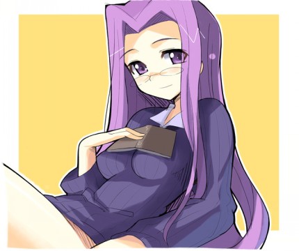 sikorsky, medusa (fate), medusa (rider) (fate), fate/stay night, fate (series), striped, lowres, 00s, 1girl, blush, book, border, female focus, glasses, holding, holding book, leaning back, light smile, long hair, looking at viewer, no pants, nose blush, open book, orange background, pocket, purple eyes, purple hair, rimless eyewear, simple background, sitting, solo, sweater, thighs, vertical stripes, very long hair, white border, yellow background