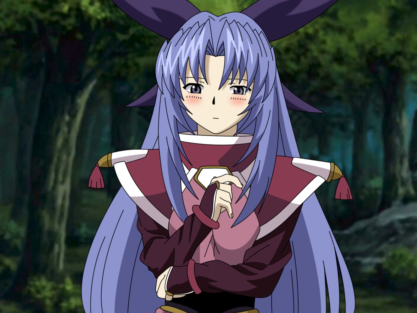 zefiris, scrapped princess, derivative work, highres, vector trace, 00s, 1girl, blue hair, bow, bridal gauntlets, female focus, grey eyes, hair bow, long hair, outdoors, purple hair, solo, very long hair