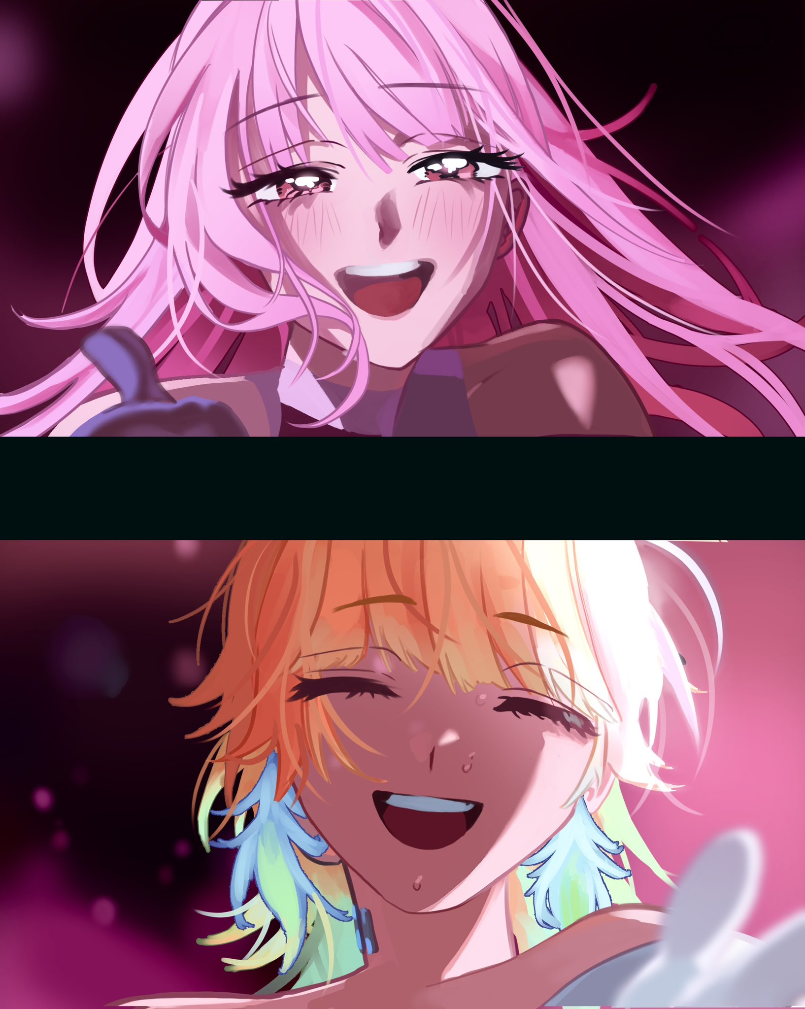 mori calliope, takanashi kiara, alien stage, hololive, hololive english, highres, 2girls, alternate costume, blush, breasts, couple, earrings, feather earrings, feathers, gradient hair, green hair, jewelry, long hair, multicolored hair, multiple girls, mushroommoorhs1, open mouth, orange hair, pink hair, smile, virtual youtuber, yuri