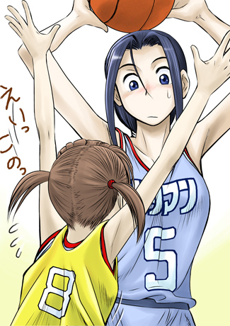 fukuzawa yumi, hosokawa kanako, maria-sama ga miteru, lowres, 00s, 2girls, ball, basketball, basketball (object), basketball uniform, blue eyes, blue hair, brown hair, clothes writing, multiple girls, sportswear, twintails
