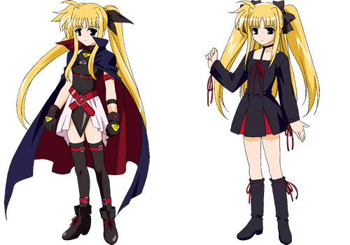 fate testarossa, fate testarossa (original form), lyrical nanoha, mahou shoujo lyrical nanoha, lowres, 00s, 1girl, arm belt, belt, belt bra, black thighhighs, blonde hair, cape, gloves, magical girl, multiple views, red eyes, thighhighs, twintails