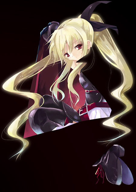 fate testarossa, fate testarossa (original form), lyrical nanoha, mahou shoujo lyrical nanoha, mahou shoujo lyrical nanoha a's, 00s, 1girl, belt, belt skirt, black theme, blonde hair, bow, female focus, from behind, hair bow, long hair, looking at viewer, looking back, miniskirt, red eyes, shirt, skirt, solo, thighhighs, twintails, very long hair, white shirt