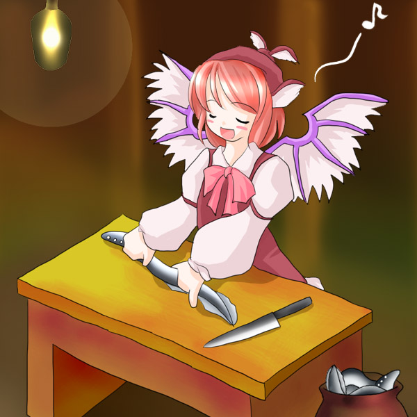 des (namaasi), mystia lorelei, touhou, 1girl, animal ears, bird wings, blush, closed eyes, eel, female focus, hat, knife, lantern, music, musical note, pink hair, quaver, red hair, short hair, singing, solo, spoken musical note, table, wings
