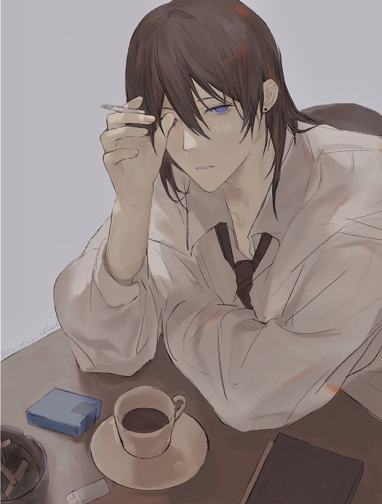 zhiyanpianyu55126, hayakawa aki, chainsaw man, hashtag-only commentary, highres, 1boy, ashtray, black hair, black necktie, blue eyes, cigarette, closed mouth, coffee, coffee mug, collared shirt, cup, earrings, hair between eyes, holding, holding cigarette, jewelry, lighter, long sleeves, looking at viewer, loose necktie, male focus, mug, necktie, official alternate hairstyle, shirt, short hair, smoking, solo, twitter username, white shirt