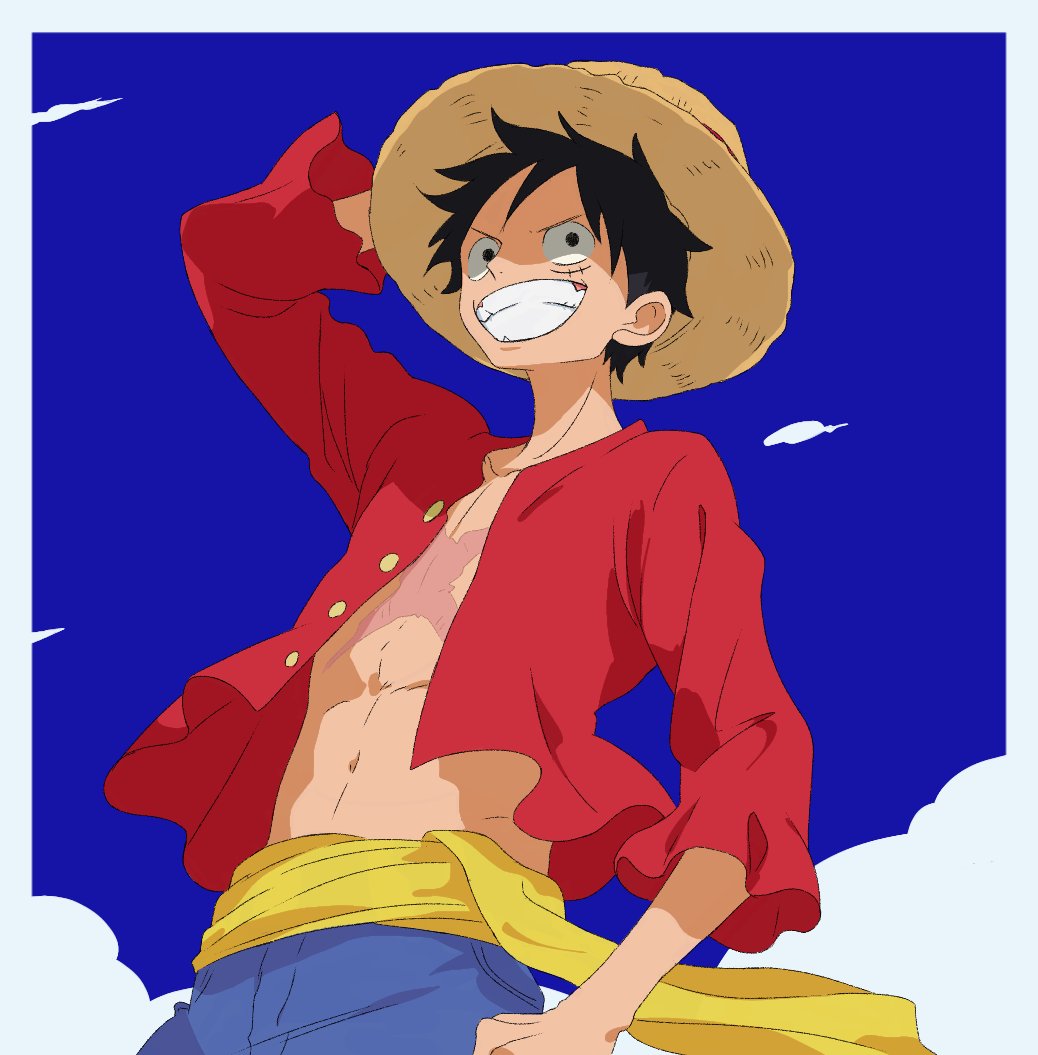 nikadudi, monkey d. luffy, one piece, commentary, english commentary, 1boy, arm behind head, black hair, blue shorts, blue sky, clenched teeth, cloud, cloudy sky, collarbone, cross scar, facial scar, grin, hat, male focus, open clothes, open shirt, outdoors, red shirt, sash, scar, scar on cheek, scar on chest, scar on face, shirt, short hair, shorts, sky, smile, solo, straw hat, teeth, upper body, yellow sash