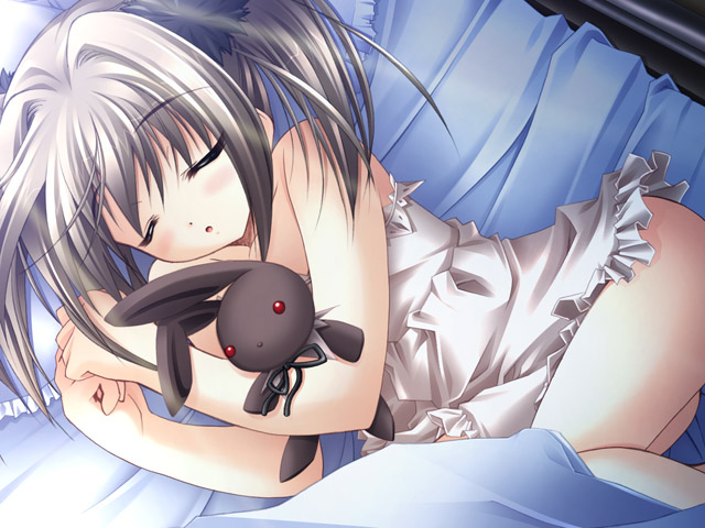 rinne (moon childe), moon childe, game cg, 1girl, bed, closed eyes, female focus, lingerie, loli, nightgown, rabbit, sleeping, solo, stuffed animal, stuffed rabbit, stuffed toy, underwear