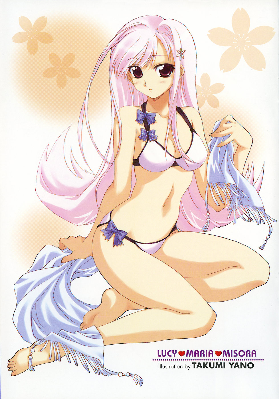 yano takumi, lucy maria misora, to heart (series), to heart 2, highres, 00s, 1girl, bikini, breasts, female focus, long hair, medium breasts, pink hair, red eyes, ribbon, solo, swimsuit, very long hair, white bikini, white theme