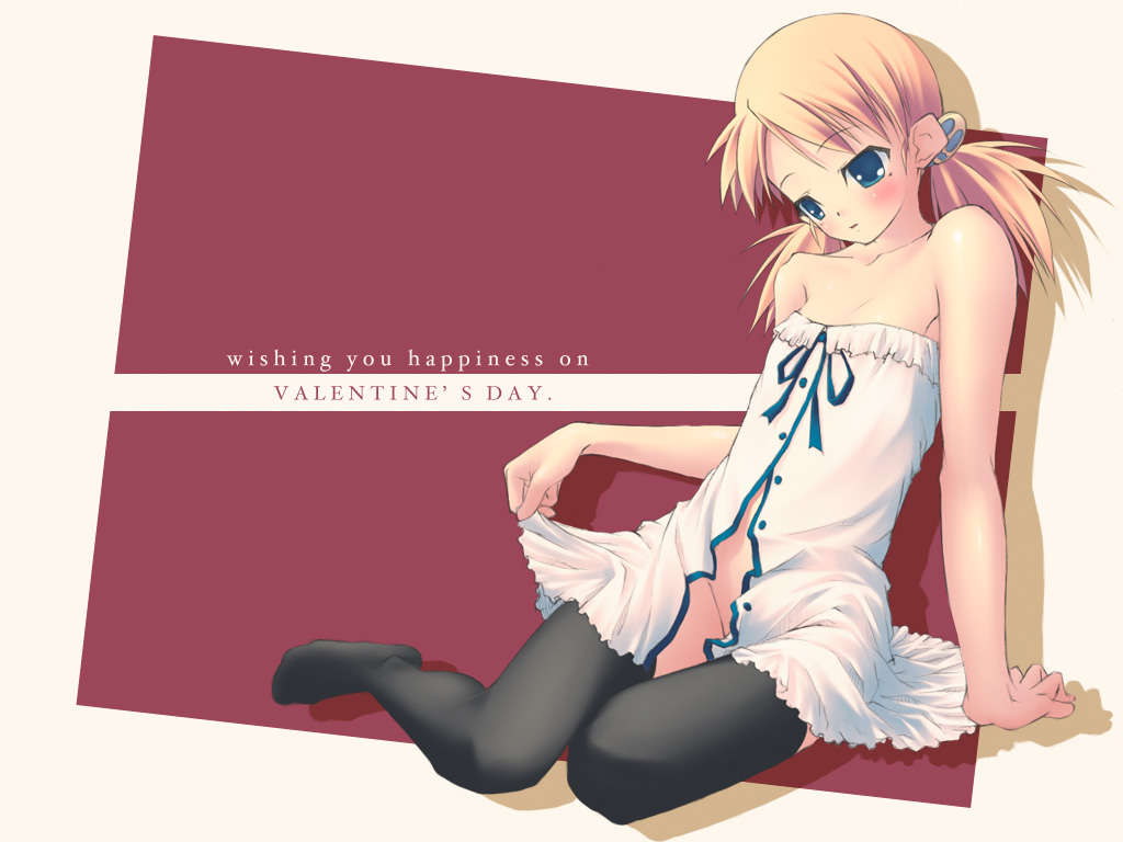 sasamori karin, to heart (series), to heart 2, 00s, 1girl, bare shoulders, bottomless, female focus, flat chest, lingerie, loli, open clothes, open shirt, shirt, solo, thighhighs, underwear, valentine