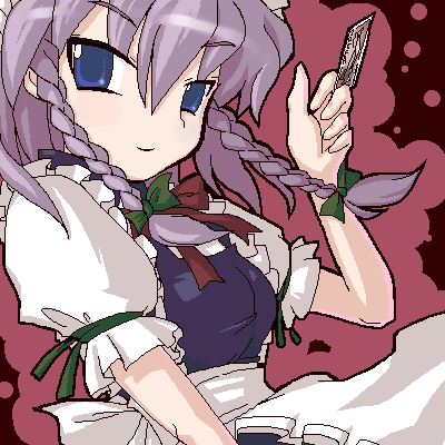 mizumi (artist), izayoi sakuya, touhou, lowres, 1girl, between fingers, braid, card, female focus, holding, maid, oekaki, solo, spell card, twin braids