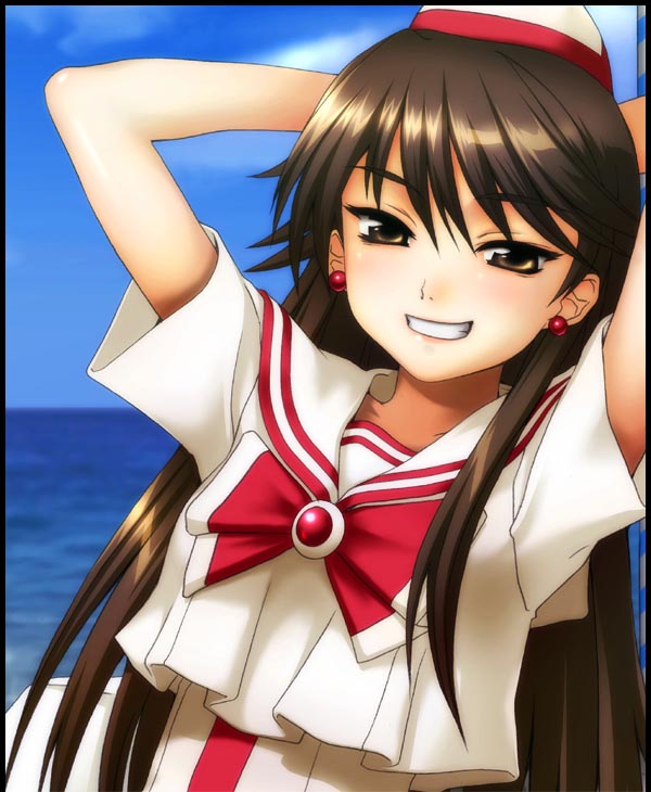 azumi amane, soshina nohito, akira ferrari, aria (manga), uniform, 00s, 1girl, arms up, black hair, earrings, female focus, grin, hat, jewelry, long hair, looking at viewer, outdoors, smile, solo, water