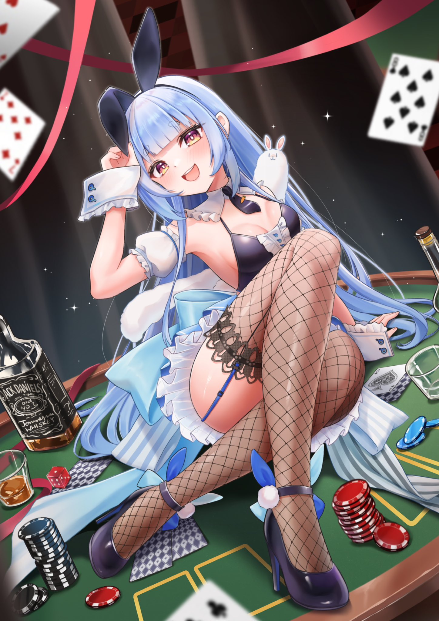 usada pekora, usada pekora (furi furi bunny dress), hololive, commentary, hashtag-only commentary, highres, symbol-only commentary, 1girl, :d, animal ear hairband, animal ears, anko (kp2eom), black leotard, black necktie, black shoes, blue garter straps, blue hair, blue skirt, breasts, card, crossed legs, detached collar, detached sleeves, fake animal ears, fishnet thighhighs, fishnets, gradient eyes, hairband, high heels, lace, lace-trimmed thighhighs, lace trim, leotard, long hair, looking at viewer, medium breasts, multicolored eyes, necktie, official alternate costume, on table, open mouth, pink eyes, playboy bunny, playing card, poker chip, poker table, puffy short sleeves, puffy sleeves, rabbit-shaped pupils, rabbit ear hairband, rabbit ears, shoes, short necktie, short sleeves, sidelocks, sitting, skirt, smile, solo, strappy heels, symbol-shaped pupils, table, teeth, thighhighs, upper teeth only, white wrist cuffs, wrist cuffs, yellow eyes