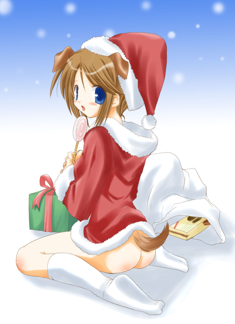 ebisu senri, komaki manaka, to heart (series), to heart 2, 00s, 1girl, animal ears, blue eyes, bottomless, brown hair, candy, christmas, dog ears, dog tail, female focus, food, hat, lollipop, no panties, santa costume, santa hat, sitting, socks, solo, swirl lollipop, tail, wariza, white socks