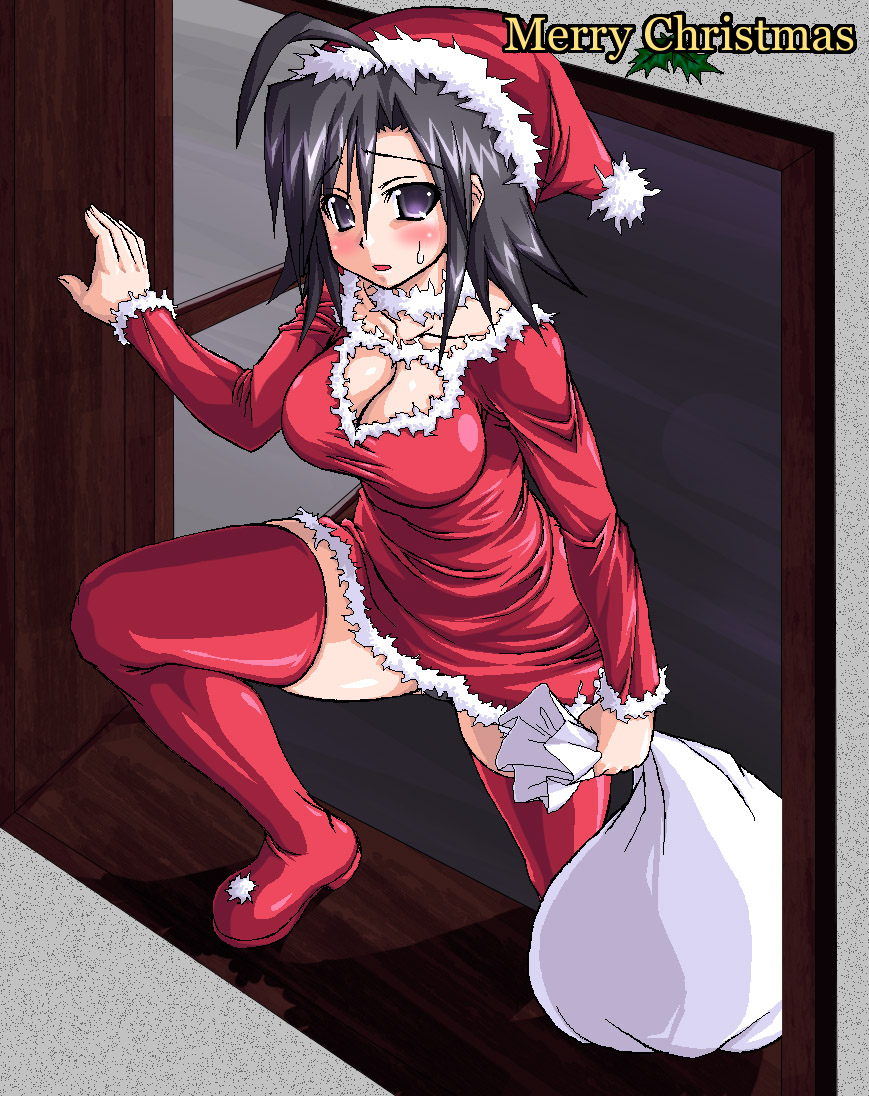 morimoto kiyona, original, 1girl, black hair, blush, boots, breasts, choker, christmas, collarbone, female focus, full body, fur (clothing), hat, large breasts, looking at viewer, panties, pantyshot, purple eyes, sack, santa costume, santa hat, shirt, short hair, solo, sweat, taut clothes, taut shirt, thigh boots, thighhighs, underwear, window, zettai ryouiki
