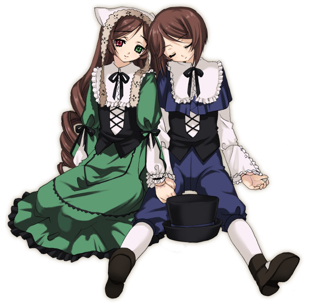 piyodera mucha, souseiseki, suiseiseki, rozen maiden, 00s, 2girls, hat, headscarf, heterochromia, long hair, multiple girls, pantyhose, short hair, siblings, sisters, sleeping, twins, very long hair, white headscarf