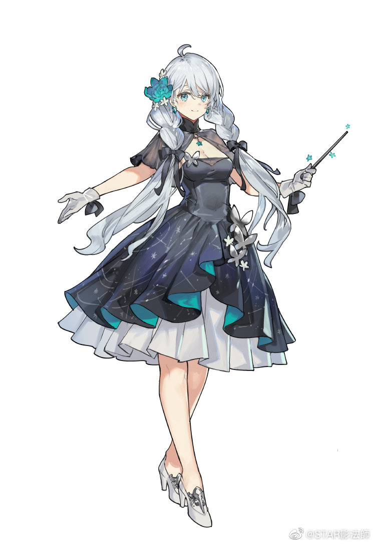 starshadowmagician, kiana kaslana, honkai (series), honkai impact 3rd, character request, check character, 1girl, ahoge, black bow, black dress, blue eyes, blue flower, bow, braid, breasts, cleavage, closed mouth, dress, flower, full body, gloves, grey gloves, grey hair, hair between eyes, hair bow, hair flower, hair ornament, hair over shoulder, high heels, holding, long hair, low twintails, medium breasts, pleated dress, shoes, short sleeves, simple background, smile, solo, twin braids, twintails, very long hair, white background, white flower, white shoes