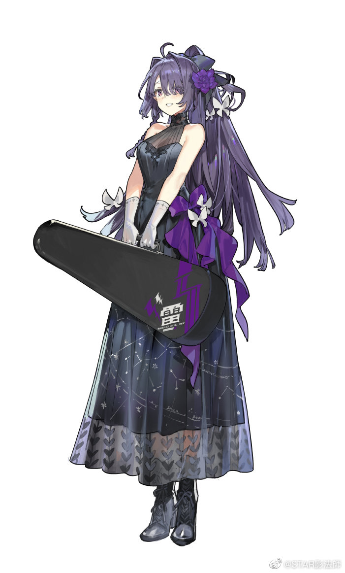 starshadowmagician, raiden mei, honkai (series), honkai impact 3rd, character request, check character, 1girl, bare shoulders, black boots, black dress, boots, breasts, butterfly hair ornament, dress, flower, full body, gloves, hair flower, hair intakes, hair ornament, hair over one eye, holding, instrument case, lace-up boots, long hair, medium breasts, purple eyes, purple flower, purple hair, simple background, sleeveless, sleeveless dress, solo, standing, very long hair, white background, white gloves