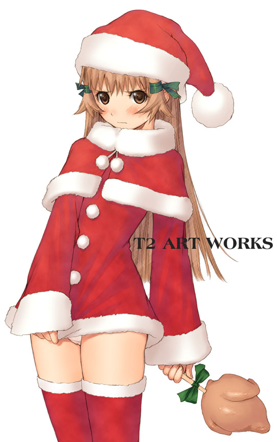 tony taka, re mii, zoids, zoids genesis, 00s, 1girl, angry, bird, blush, brown eyes, brown hair, capelet, chicken, chicken (food), christmas, covering crotch, covering privates, dress, dress tug, female focus, food, hat, long hair, panties, pantyshot, santa costume, santa hat, short dress, solo, standing, thighhighs, underwear, white panties