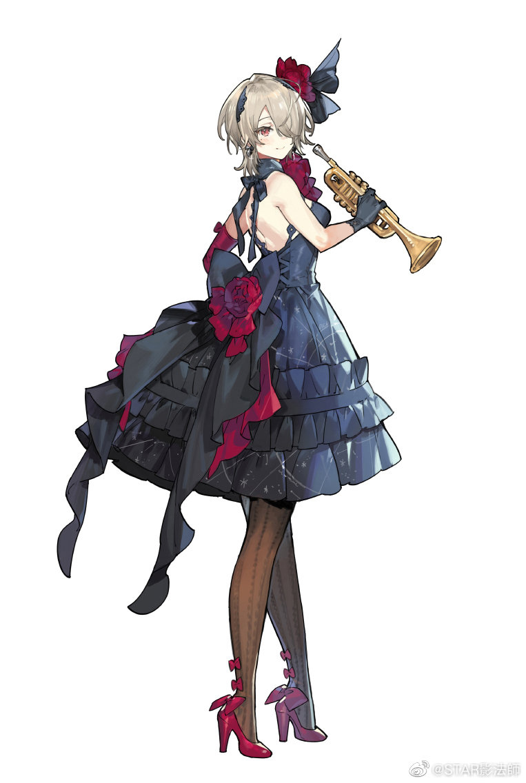 starshadowmagician, rita rossweisse, honkai (series), honkai impact 3rd, 1girl, backless dress, backless outfit, bare shoulders, black bow, black dress, black gloves, bow, breasts, brown hair, brown pantyhose, closed mouth, dress, flower, frilled dress, frills, from side, gloves, hair flower, hair ornament, hair over one eye, high heels, holding, holding instrument, instrument, looking at viewer, looking to the side, medium breasts, pantyhose, pleated dress, red bow, red eyes, red flower, red rose, red shoes, rose, shoes, short hair, sideboob, simple background, smile, solo, trumpet, white background