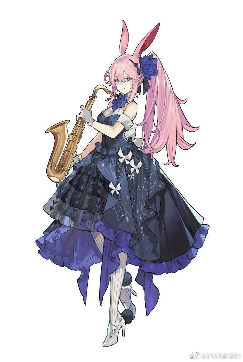 starshadowmagician, yae sakura, honkai (series), honkai impact 3rd, 1girl, animal ears, black dress, blue flower, dress, flower, frilled dress, frills, full body, hair between eyes, hair flower, hair ornament, high heels, holding, holding instrument, instrument, long hair, pantyhose, pink hair, ponytail, purple eyes, ribbed pantyhose, saxophone, shoes, simple background, solo, standing, standing on one leg, very long hair, white background, white pantyhose, white shoes