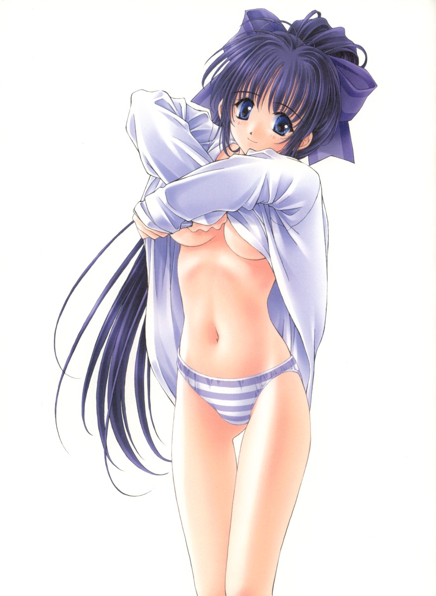 highres, 1girl, blue eyes, blue hair, blue panties, blush, bow, breasts, clothes lift, dress shirt, female focus, hair bow, long hair, matching hair/eyes, medium breasts, navel, open clothes, open shirt, panties, shirt, shirt lift, solo, standing, striped clothes, striped panties, thigh gap, thighs, underboob, underwear, undressing, very long hair
