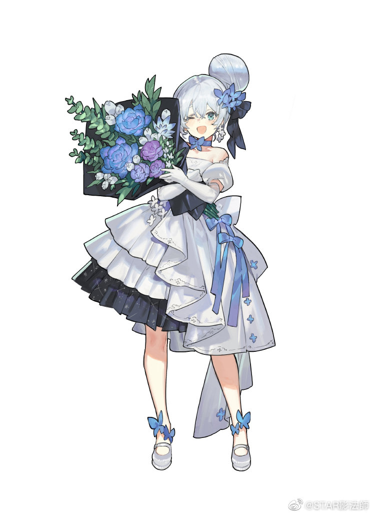 starshadowmagician, theresa apocalypse, honkai (series), honkai impact 3rd, character request, check character, 1girl, ;d, bare shoulders, blue eyes, blue flower, blush, bouquet, detached sleeves, dress, elbow gloves, flower, full body, gloves, grey hair, hair between eyes, hair bun, hair flower, hair ornament, holding, holding bouquet, long hair, looking at viewer, one eye closed, open mouth, puffy short sleeves, puffy sleeves, purple flower, shoes, short sleeves, simple background, smile, solo, standing, strapless, strapless dress, very long hair, white background, white dress, white flower, white gloves, white shoes, white sleeves