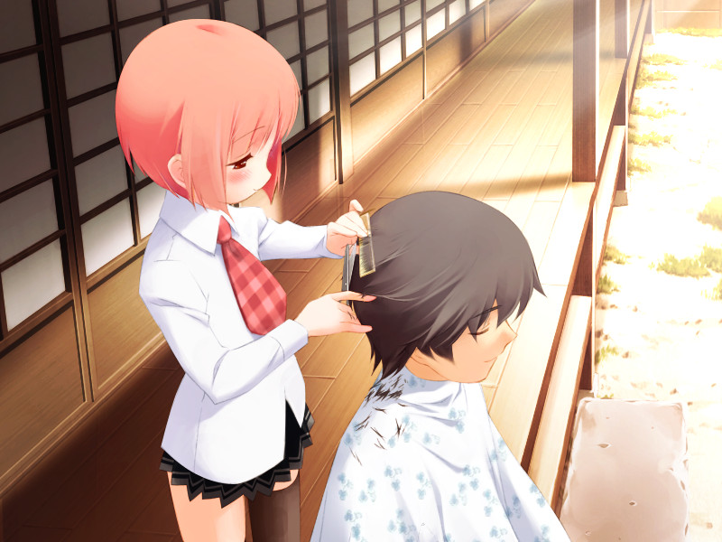gayarou, akino momiji, kiriyama keigo, sakura musubi, plaid neckwear, game cg, 1boy, 1girl, black hair, blush, brown eyes, brushing hair, comb, cutting another's hair, cutting hair, necktie, pink hair, plaid clothes, plaid necktie, red hair, scissors, short hair, skirt, smile, thighhighs