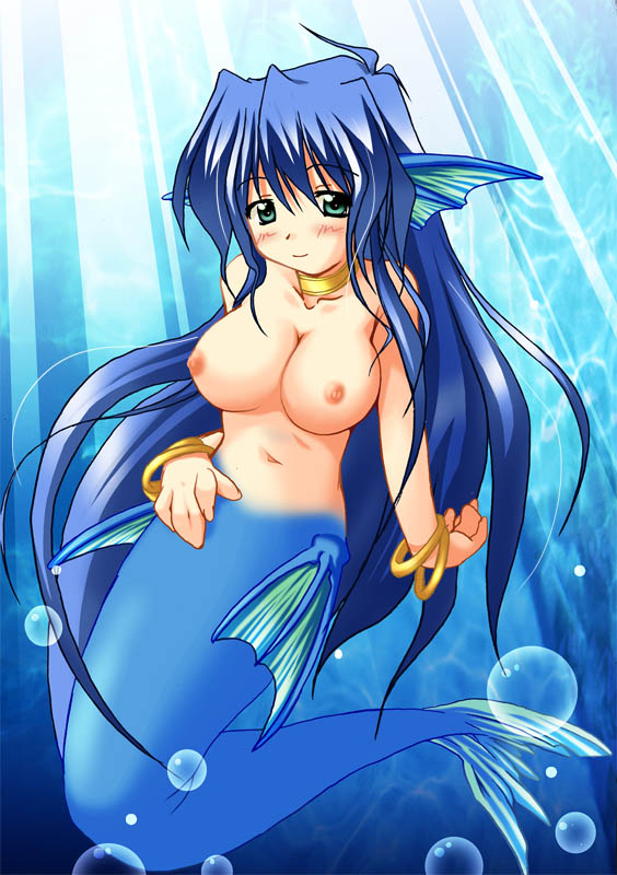 serilly (puyopuyo), madou monogatari, puyopuyo, artist request, 1girl, blue hair, bracelet, breasts, bubble, cleavage, completely nude, female focus, fins, green eyes, head fins, jewelry, large breasts, long hair, mermaid, monster girl, nipples, nude, smile, solo, underwater, very long hair, water
