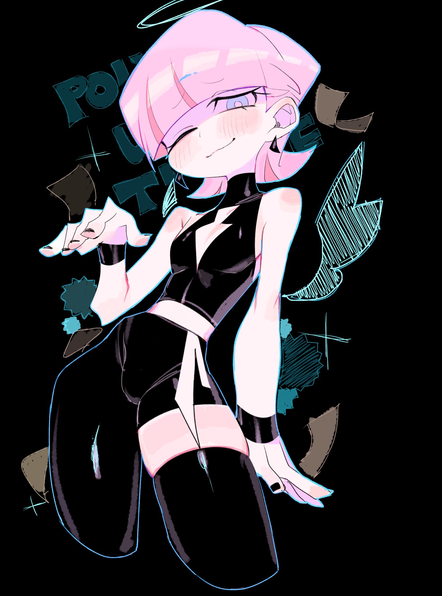 usa37107692, polyurethane (psg), panty & stocking with garterbelt, highres, 1boy, asymmetrical clothes, black background, black jumpsuit, black nails, blue eyes, blue outline, blush, boots, bracelet, character name, cropped legs, earrings, girly boy, halo, hand up, jewelry, jumpsuit, looking at viewer, male focus, midriff, one eye closed, outline, pink hair, short hair, single pantsleg, single thigh boot, sleeveless jumpsuit, smile, solo, thigh boots, waist ribbon