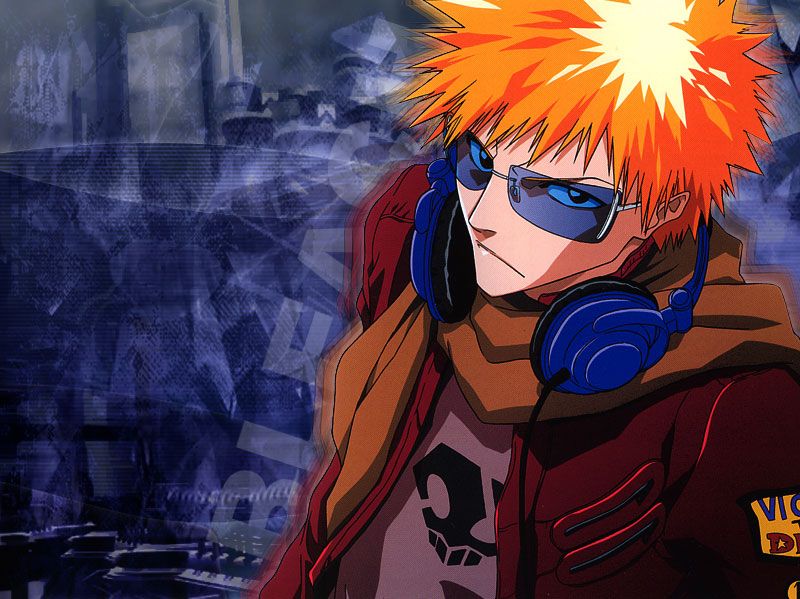 kurosaki ichigo, bleach, 00s, 1boy, fractal, headphones, headphones around neck, male focus, orange hair, solo, sunglasses