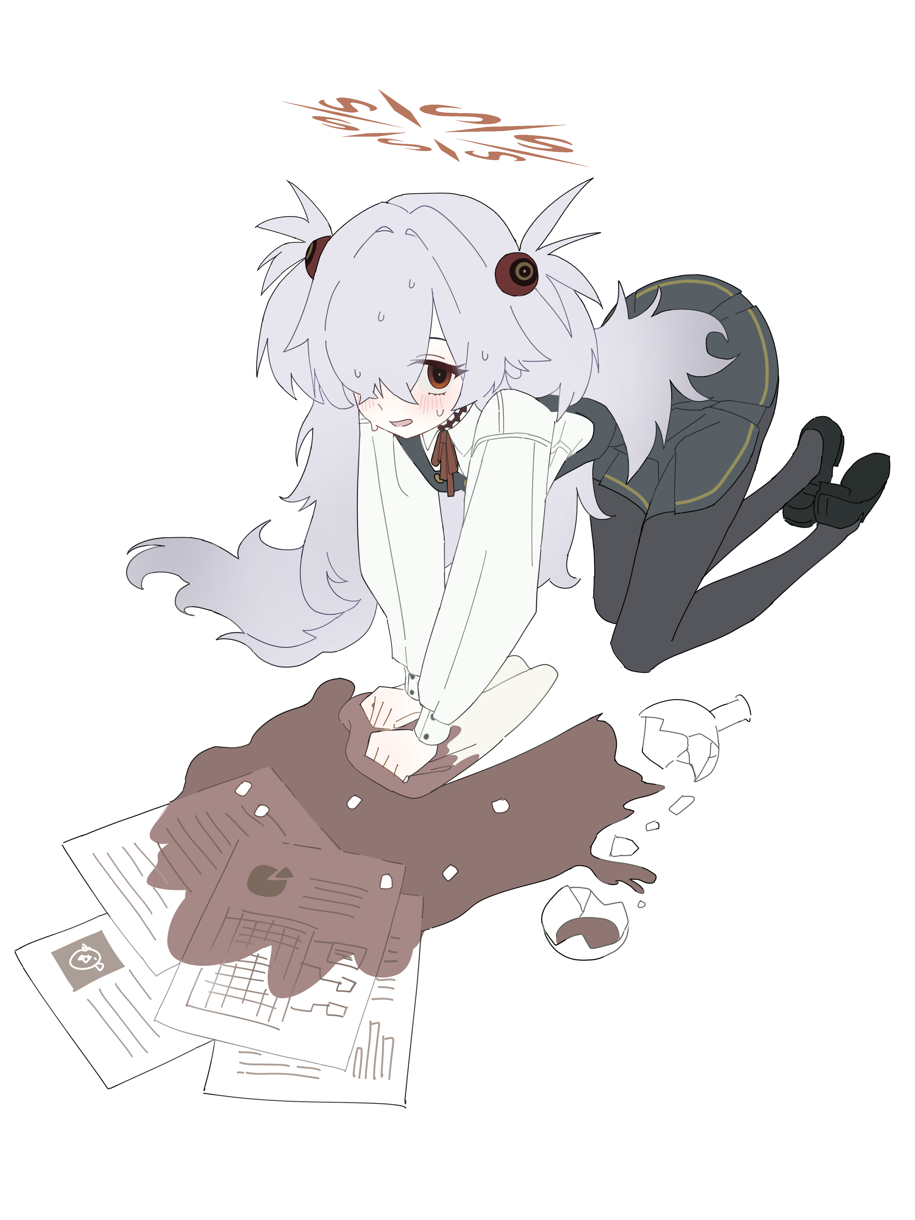 kanoe (blue archive), blue archive, absurdres, commentary request, highres, 1girl, accident, all fours, black pantyhose, black shoes, black skirt, black vest, blush, broken bottle, broken glass, cleaning, cleaning rag, coffee, collared shirt, flask, full body, glass, grey hair, hair intakes, hair ornament, hair over one eye, halo, holding, holding rag, long bangs, long hair, long sleeves, looking at viewer, miniskirt, neck ribbon, nervous smile, nervous sweating, one eye covered, open mouth, pantyhose, paper, pleated skirt, red eyes, red halo, red ribbon, ribbon, round-bottom flask, school uniform, shirt, shoes, simple background, skirt, smile, solo, spill, sweat, two side up, upturned eyes, very long hair, vest, white background, white shirt, wiping, yona (yoroyoro)