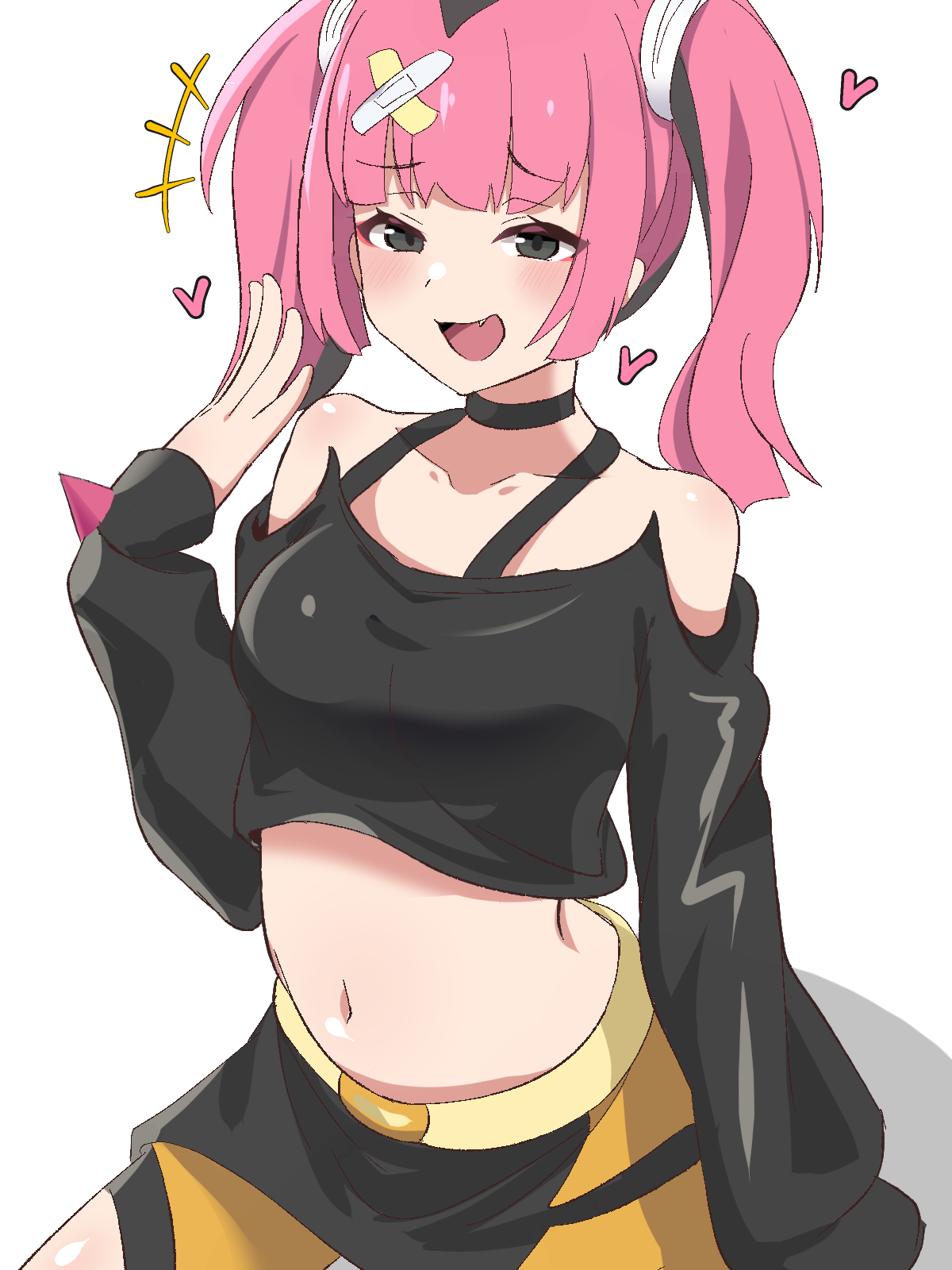 hatenamaru, coral (pokemon), nintendo, pokemon, pokemon (anime), pokemon horizons, arm at side, bare shoulders, black shirt, black skirt, breasts, collarbone, cowboy shot, cropped shirt, dot nose, eyelashes, fang, grey eyes, hand up, heart, long hair, looking at viewer, midriff, navel, off-shoulder shirt, off shoulder, open mouth, pink hair, shirt, shorts, simple background, sitting, skirt, sleeves past wrists, small breasts, smile, twintails, white background, yellow shorts