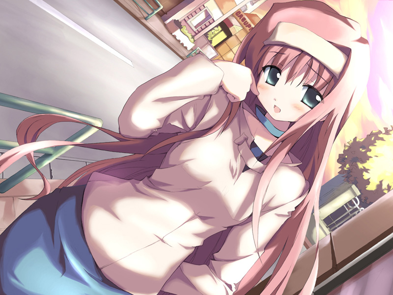fue (tsuzuku), hiiragi natsuki, hinatabokko, game cg, 1girl, blush, brown hair, female focus, green eyes, hairband, long hair, road, solo, street