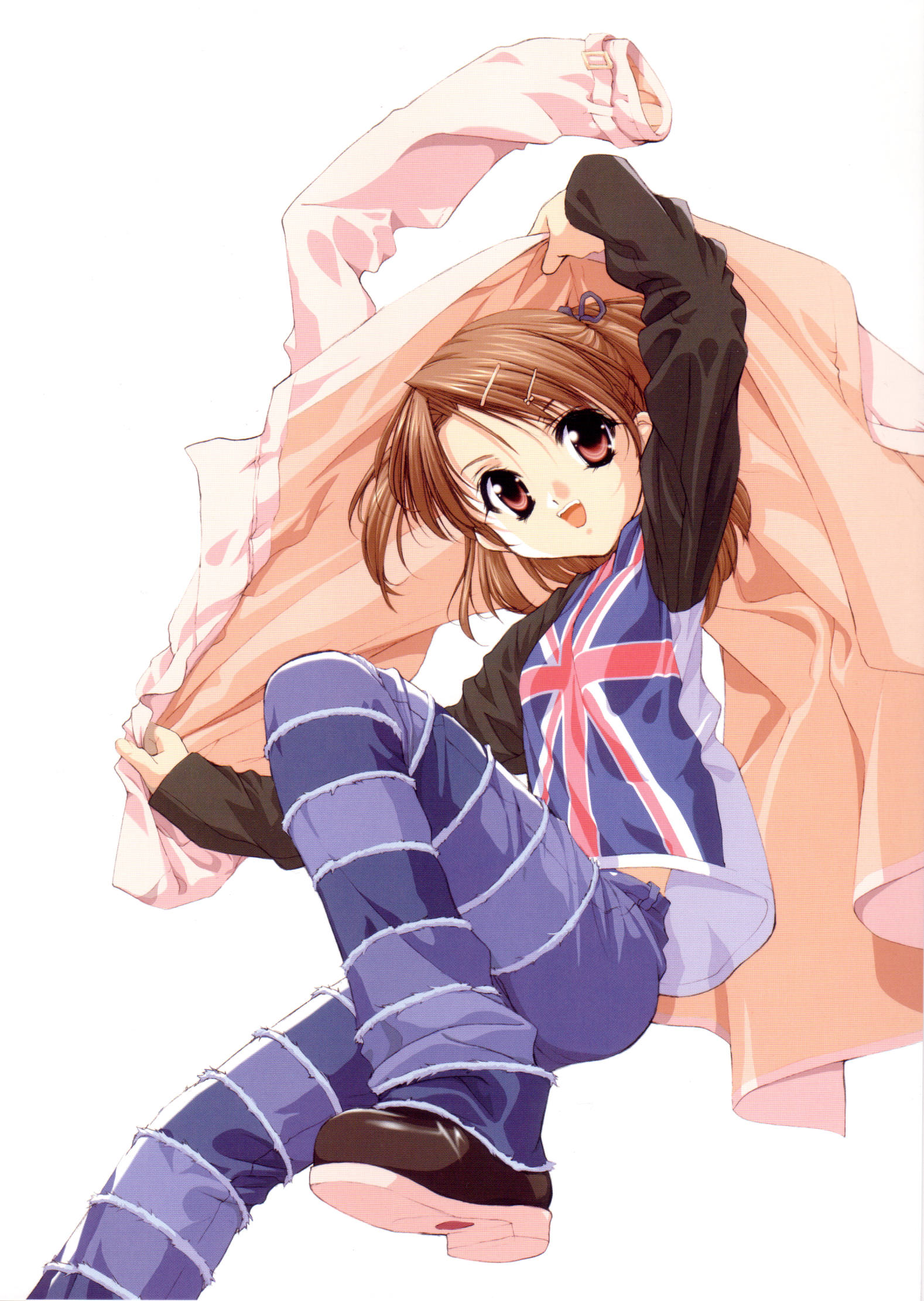 yotsuba (sister princess), sister princess, highres, 00s, 1girl, brown hair, female focus, print shirt, red eyes, red hair, shirt, solo, union jack, unionjack